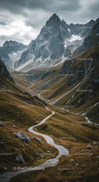 Majestic Rocky Mountain Peaks with Winding Trail in Scenic Valley