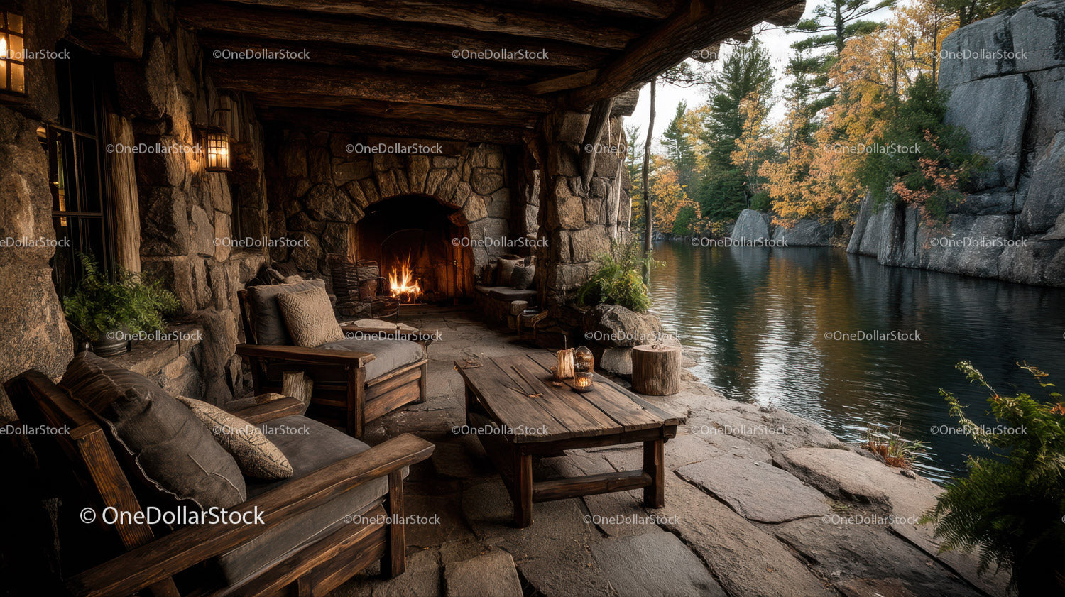 Rustic Riverside Cabin with Stone Fireplace Surrounded by Autumn Foliage