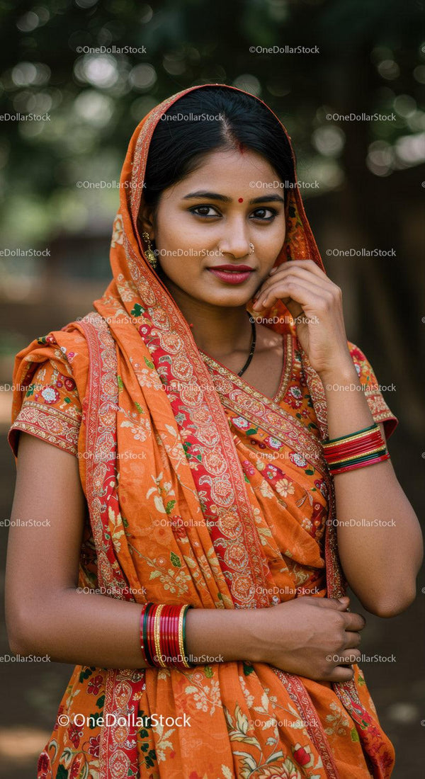 Elegant Indian Woman in Vibrant Sari with Jewelry in Outdoor Setting