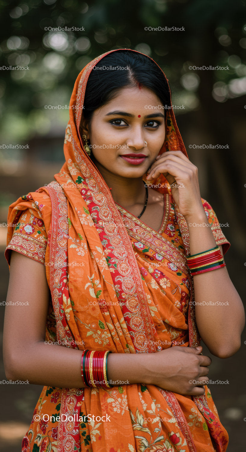 Elegant Indian Woman in Vibrant Sari with Jewelry in Outdoor Setting