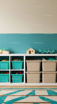Children's Toy Storage System with Bright Plastic Bins and Shelves