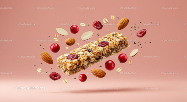 Healthy granola bar with nuts and berries on soft background