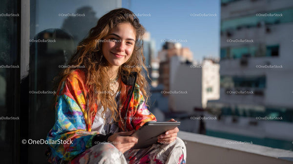 Young Woman Smiling with Tablet on City Balcony During Sunny Day