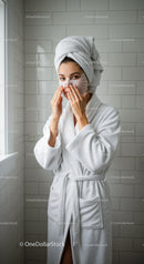 Relaxing Woman Applying Facial Mask in Bathroom with Towel Wrapped Hair