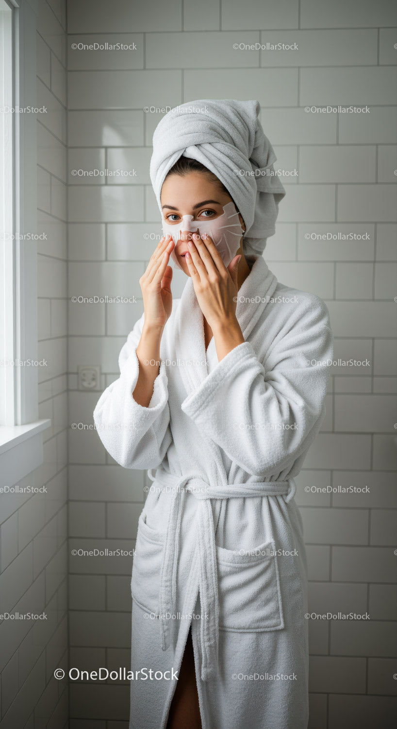 Relaxing Woman Applying Facial Mask in Bathroom with Towel Wrapped Hair