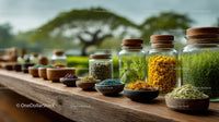 Assorted Organic Herbs in Glass Jars on Rustic Wooden Table