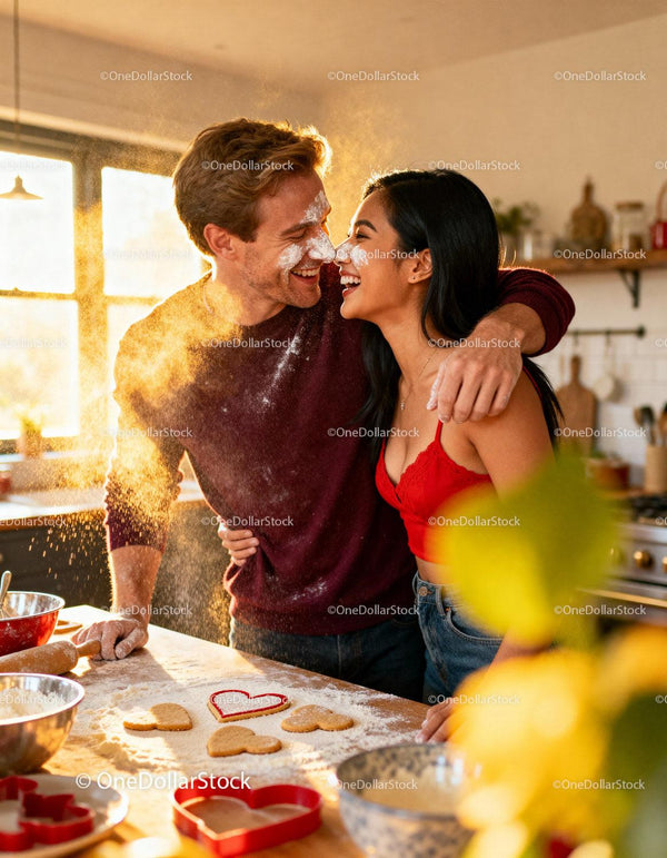 Couple Enjoying Baking Heart-Shaped Cookies Together