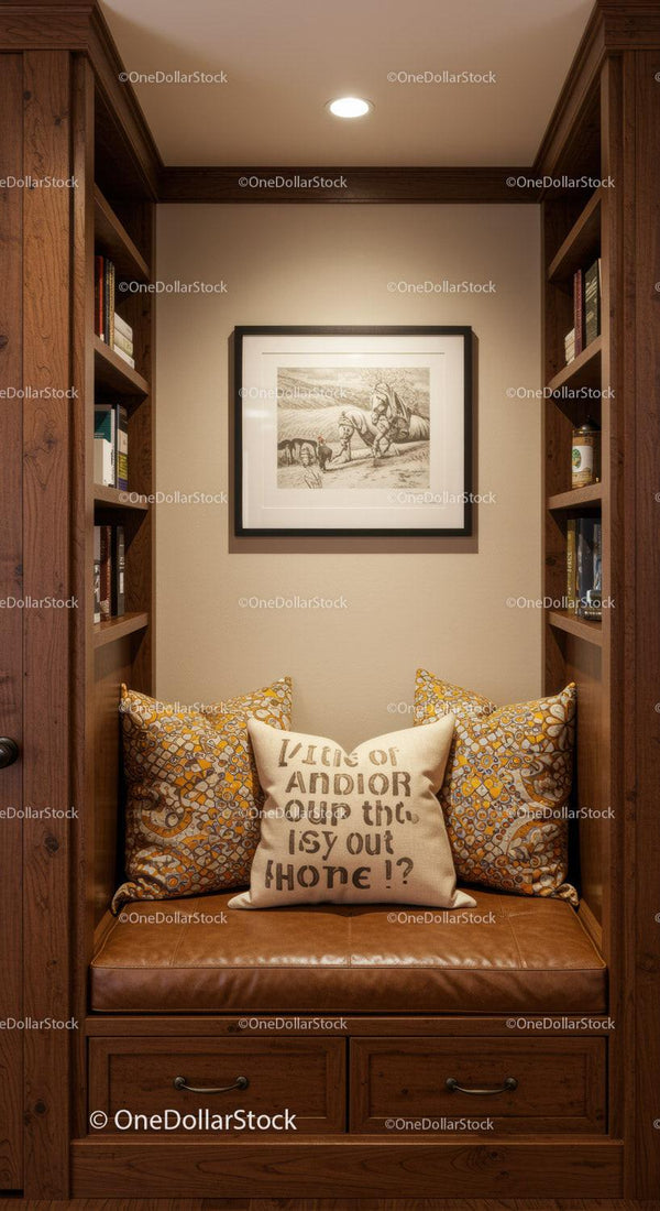 Cozy Reading Nook with Wooden Bookshelf and Comfortable Cushions