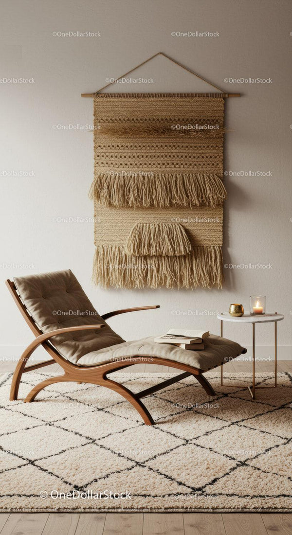 Cozy modern lounge chair with decorative wall hanging