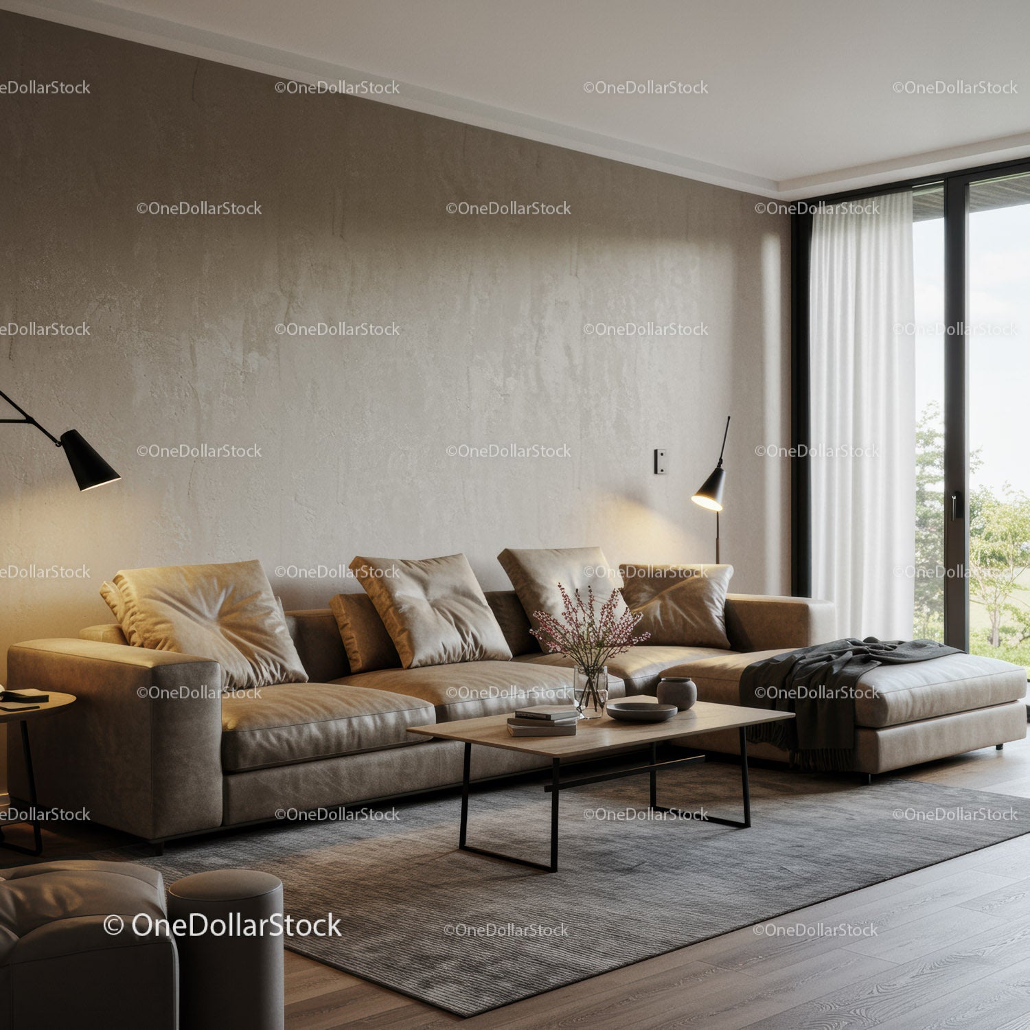 Nowoczesna beżowa sofa z poduszkami i naturalnym światłem w salonie