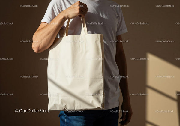 Man Holding Plain Cotton Tote Bag Against Warm Background JPG Mockup Image