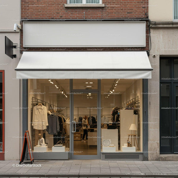 Minimalist clothing store facade with window display JPG Mockup Image