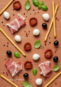 Mediterranean ingredients flat lay with prosciutto and basil