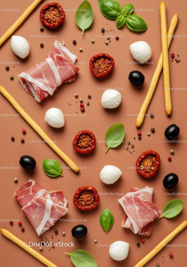 Mediterranean ingredients flat lay with prosciutto and basil