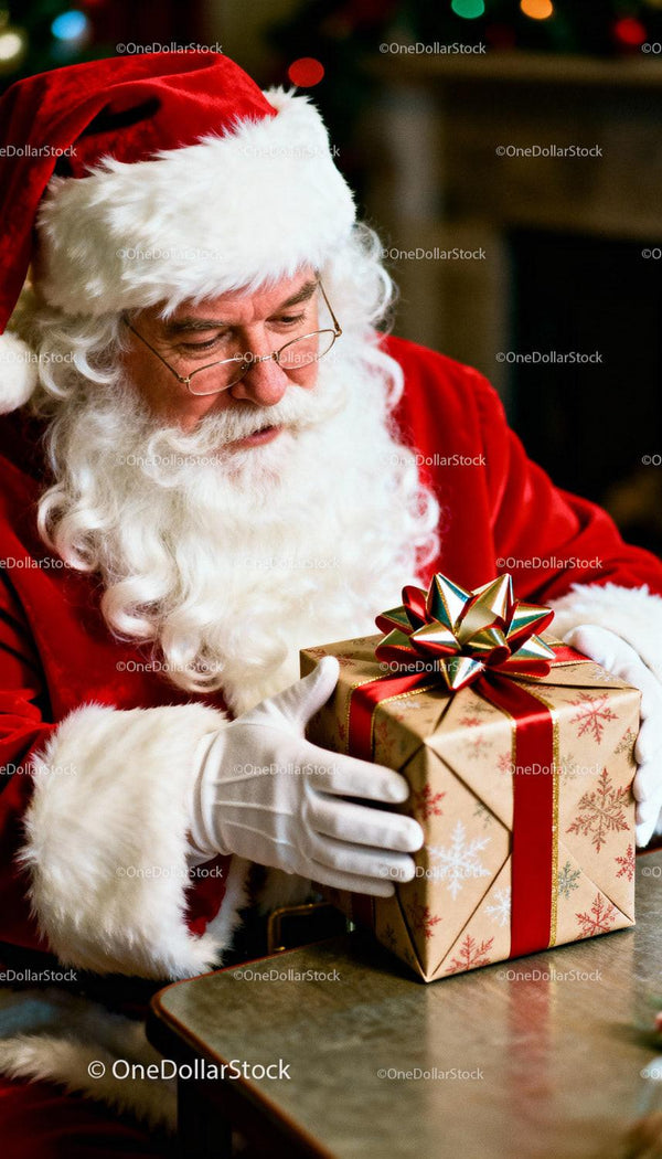 Santa Claus admiring a beautifully wrapped Christmas gift