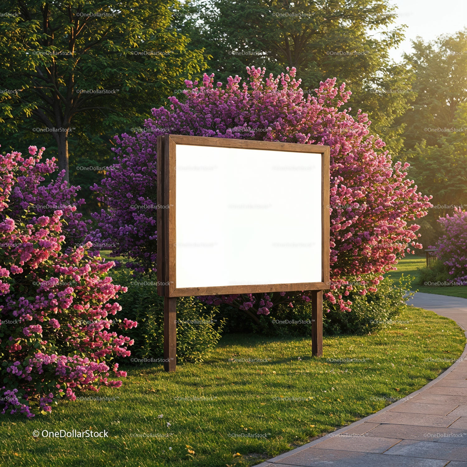 Blank wooden signboard among vibrant lilac bushes in park