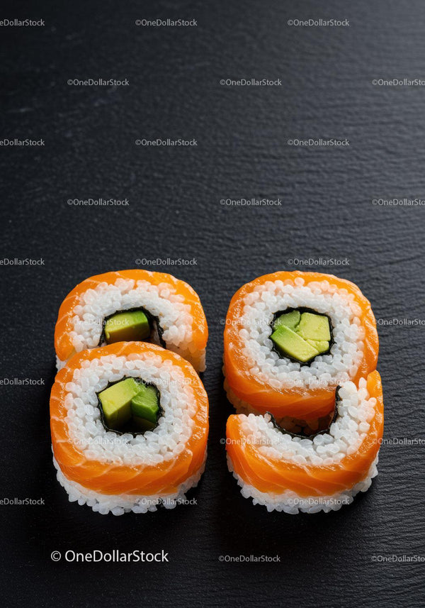 Fresh salmon avocado sushi rolls on black slate plate