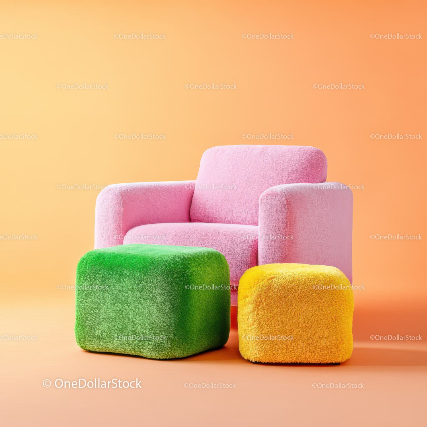 Bright Pink Armchair with Lime Green Cushion and Yellow Ottoman in Modern Living Room