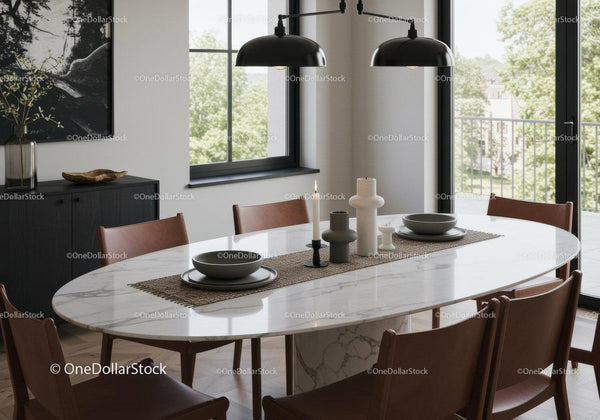 Modern Minimalist Dining Room with Marble Table and Large Windows