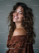 Joyful Smiling Woman with Curly Hair in Studio Portrait