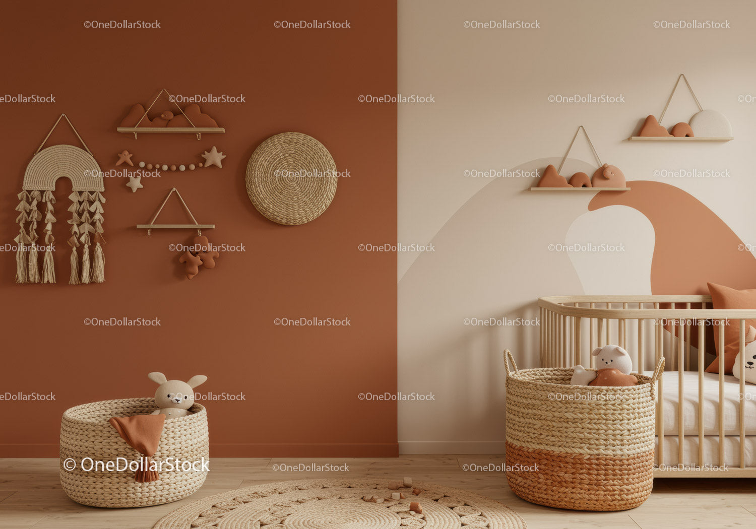 Scandinavian Nursery with Woven Baskets and Wall Art in Neutral Tones