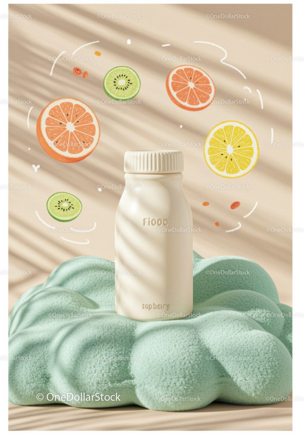 Minimalist white bottle with citrus and kiwi slices