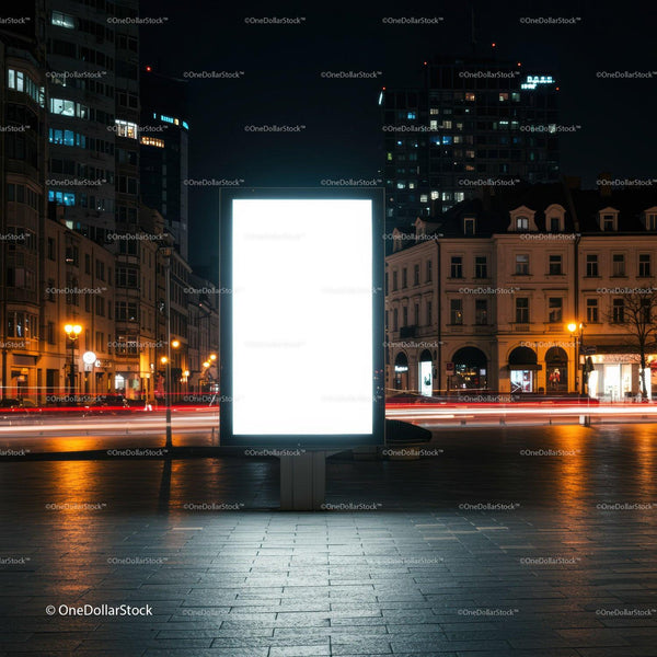 Bright digital billboard glowing in urban night square JPG Mockup Image