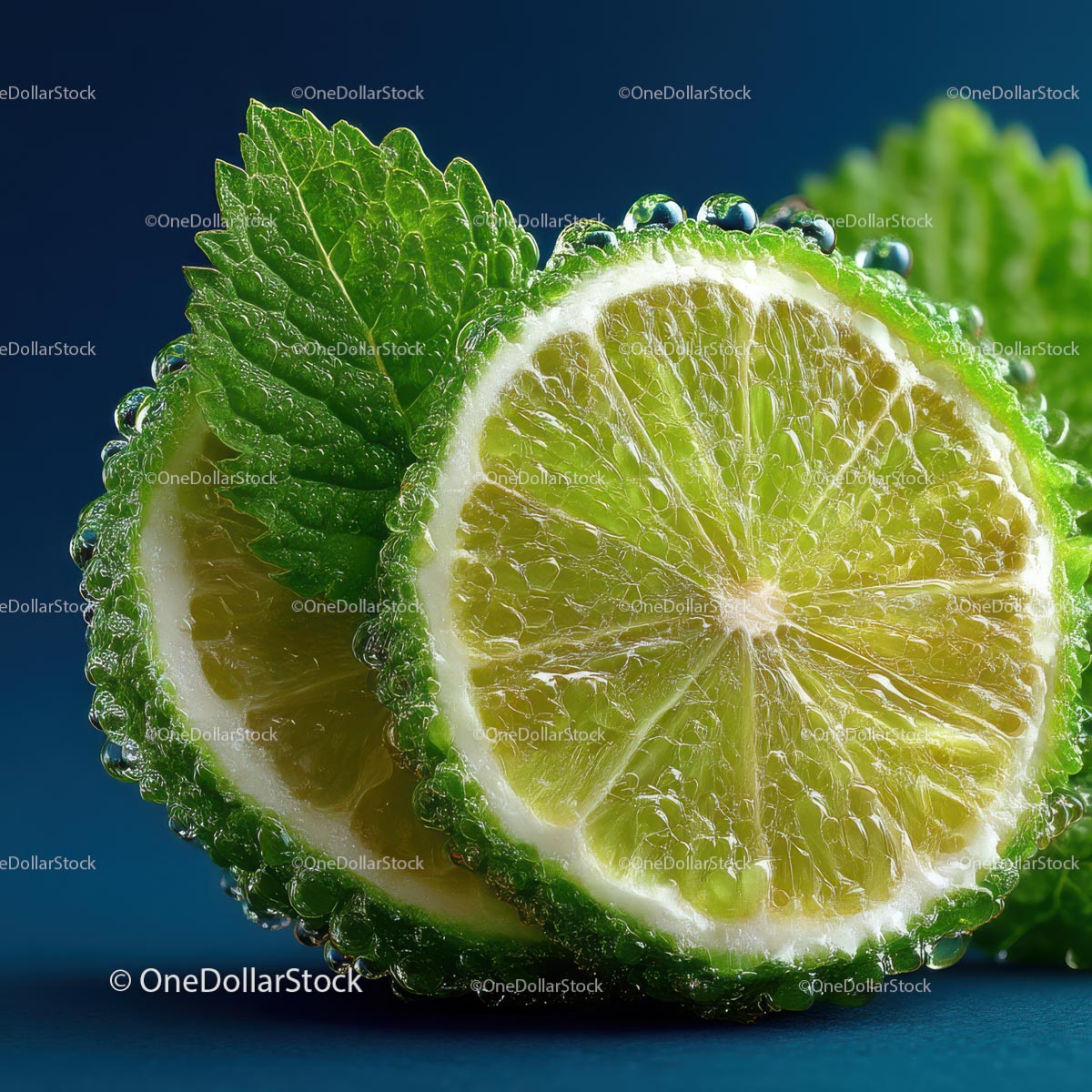 Close-Up of Fresh Lime with Mint Leaf and Water Droplets