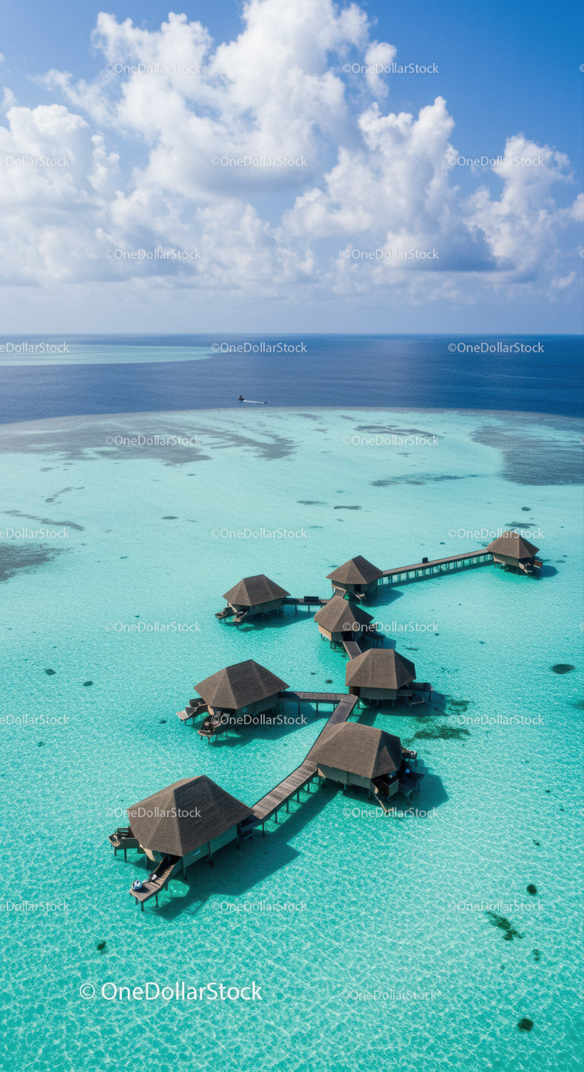 Overwater Bungalows Over Clear Turquoise Water Under Blue Sky