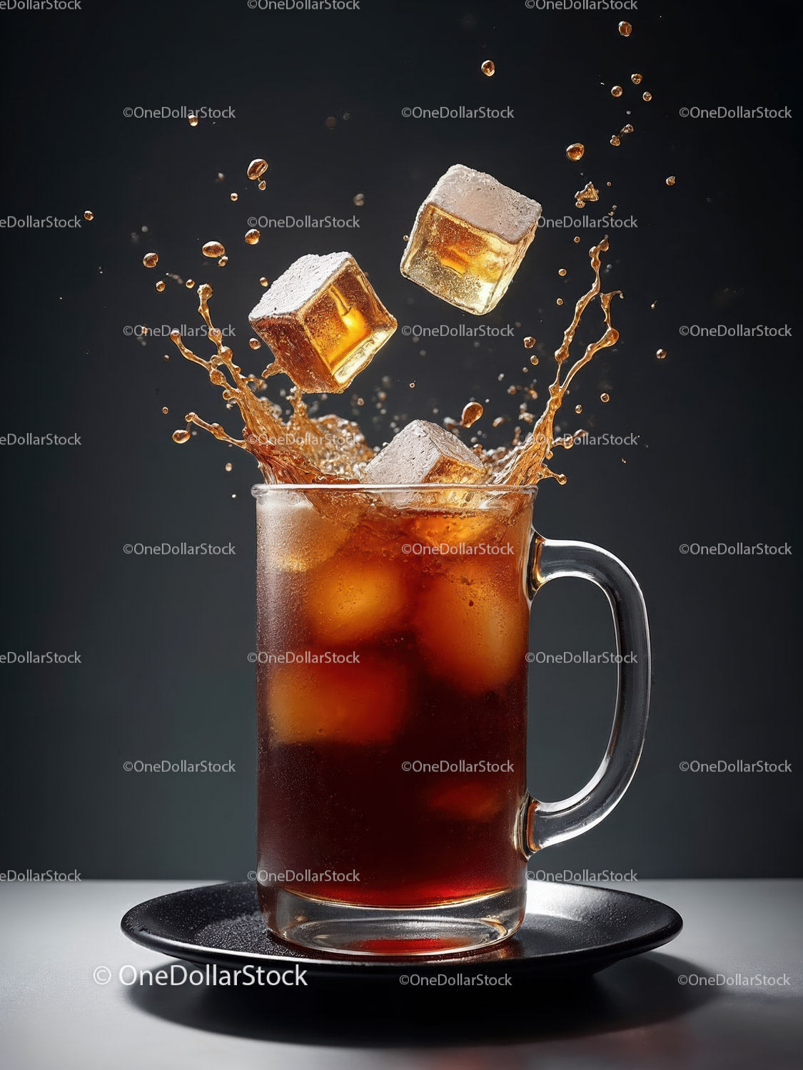 Refreshing cold drink with ice cubes splashing in glass