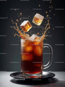 Refreshing cold drink with ice cubes splashing in glass