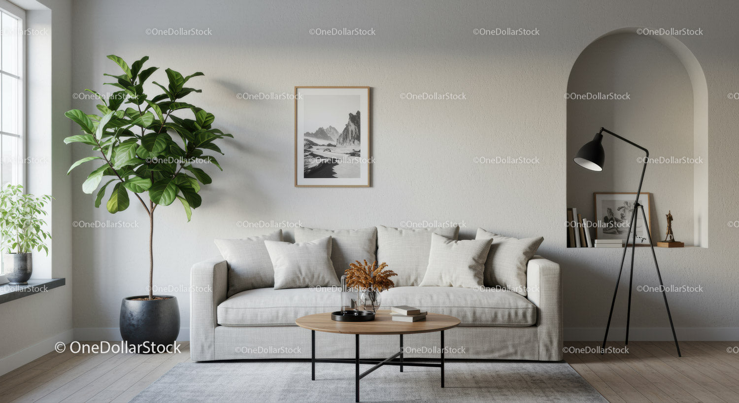 Minimalist neutral living room with green plants and decor