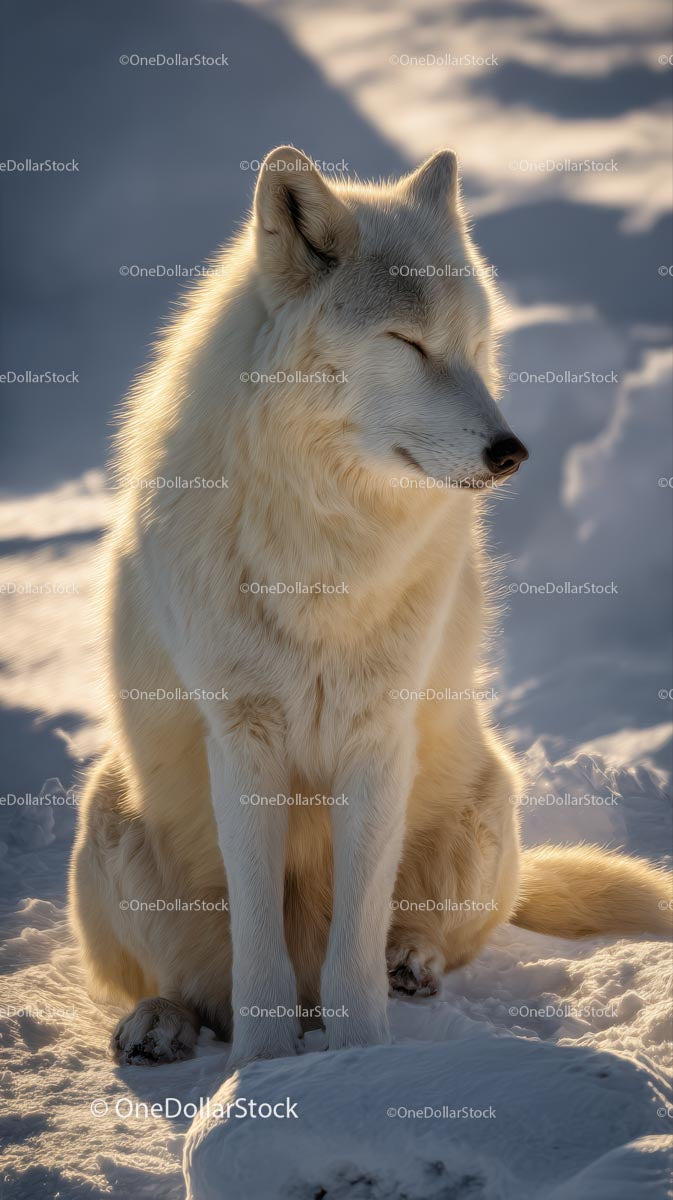 Portret spokojnego wilka polarnego w śnieżnym krajobrazie