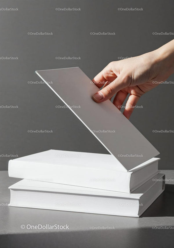 Hand Holding Blank Card Above Two White Books JPG Mockup Image