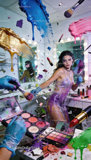 Creative makeup explosion with vibrant colors and model