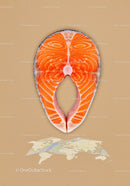 Fresh salmon steak on beige background with map below