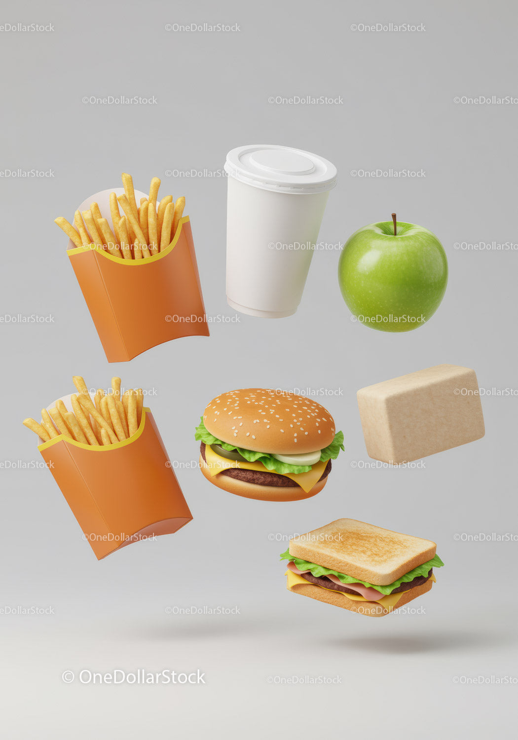 Variety of fast food and healthy snack options floating