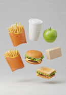 Variety of fast food and healthy snack options floating