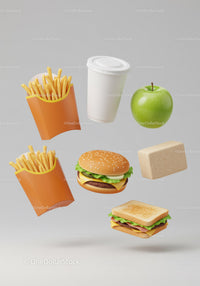 Variety of fast food and healthy snack options floating