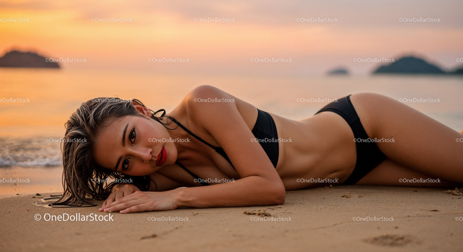 Elegancka kobieta w czarnym bikini leżąca na plaży o zachodzie słońca (11 zdjęć)