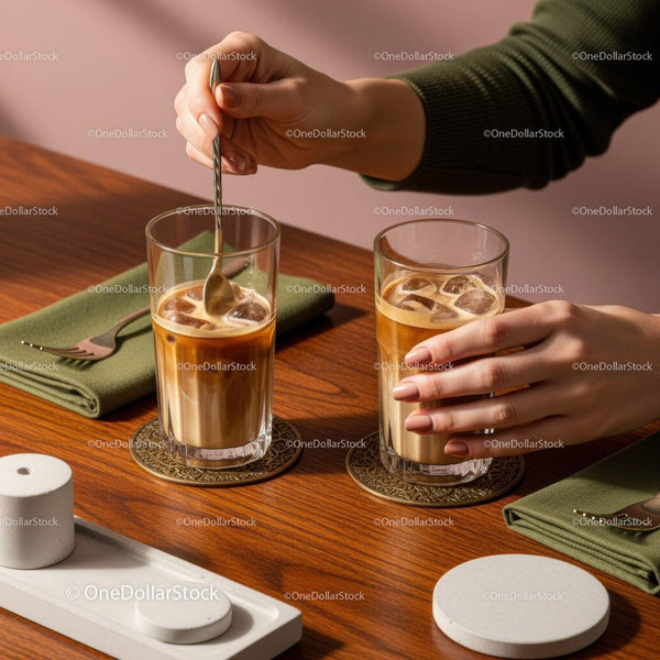 Stylish Iced and Hot Coffee Glasses on Wooden Table with Coasters