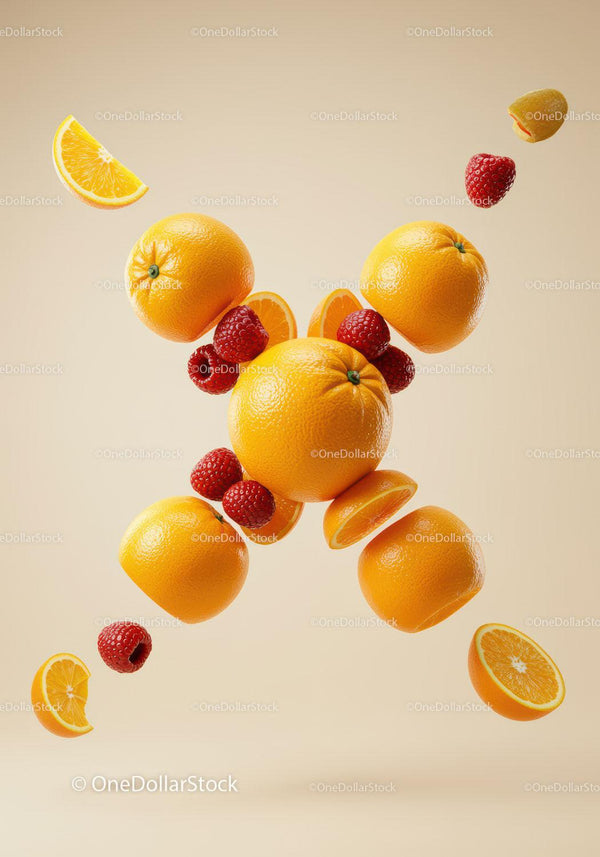 Floating fresh oranges and ripe raspberries on beige