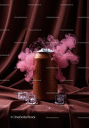 Cold beverage can with pink smoke and ice cubes
