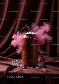 Cold beverage can with pink smoke and ice cubes