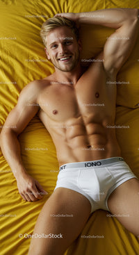Smiling young man relaxing on yellow bed linen