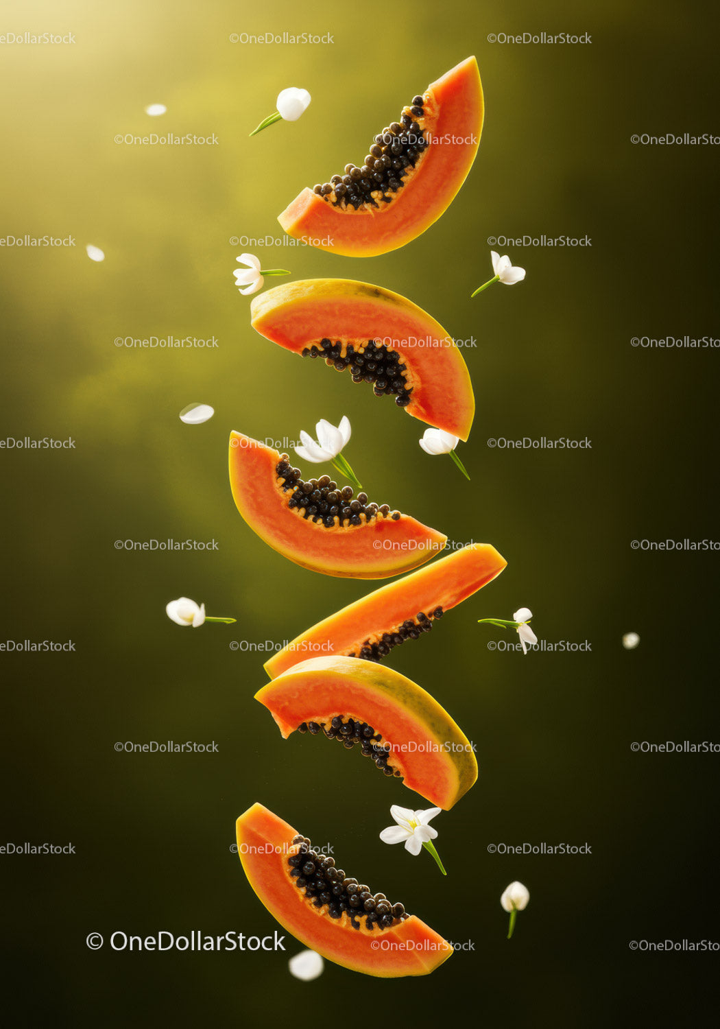 Fresh Papaya Slices Floating Amid White Floral Petals
