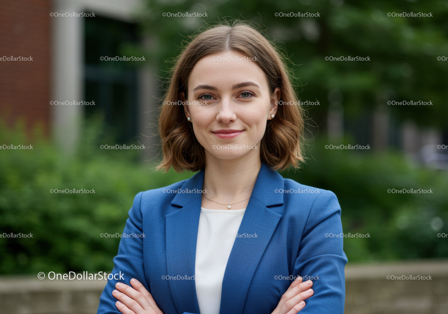 Confident Young Woman in Blue Blazer Outdoors with Greenery