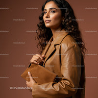 Elegant Woman in Brown Leather Jacket Holding Clutch for Fashion Portrait