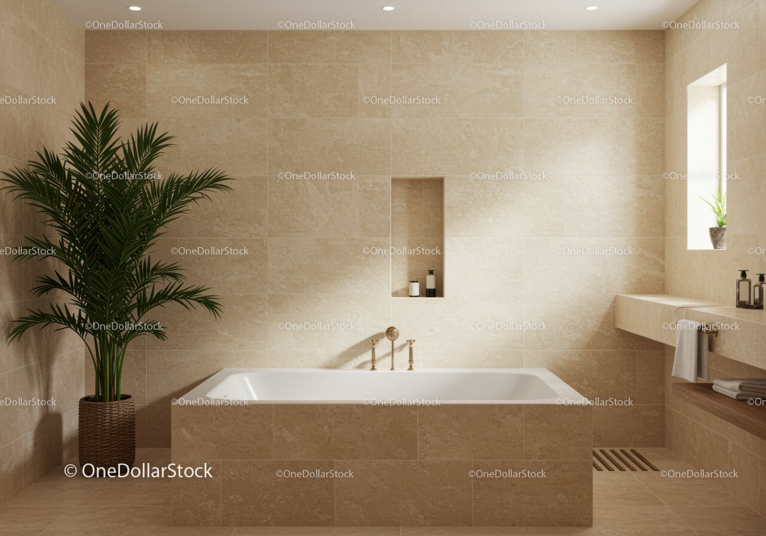 Modern Bathroom with Beige Tiles and Indoor Plant for Relaxing Retreat