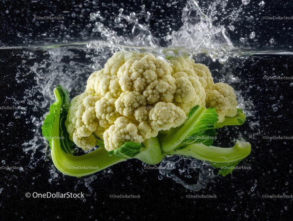 Fresh Cauliflower Head with Green Leaves on Black Water Background